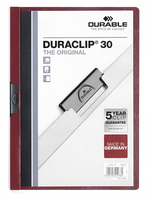 Папка пластиковая "Durable", 30л, А4, стальной клип, серия "Duraclip", тёмно-красная