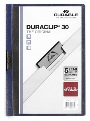 Папка пластиковая "Durable", 30л, А4, стальной клип, серия "Duraclip", синяя