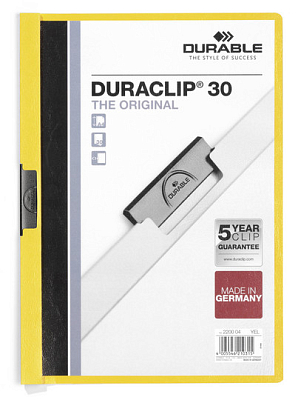 Папка пластиковая "Durable", 30л, А4, стальной клип, серия "Duraclip", жёлтая