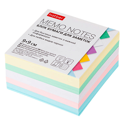 Блок бумаги для заметок "Hatber", 9х9х4,5см, 5 цветов, сменный блок, непроклеенный, в плёнке