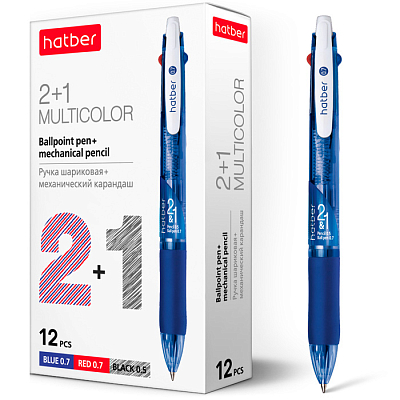 Ручка-карандаш шариковая автоматическая "Hatber", 0,7мм, синяя/красная/чёрный, синий корпус