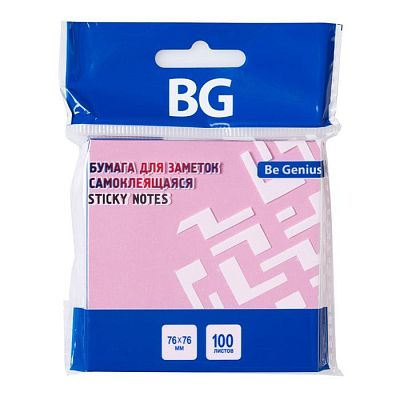 Бумага для заметок "BG", 76x76мм, 100л, розовая, клеевой край, в пакете